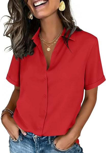Zeagoo Button Down Shirts for Women Short Sleeve Collared Tops Dressy Casual V Neck Blouses