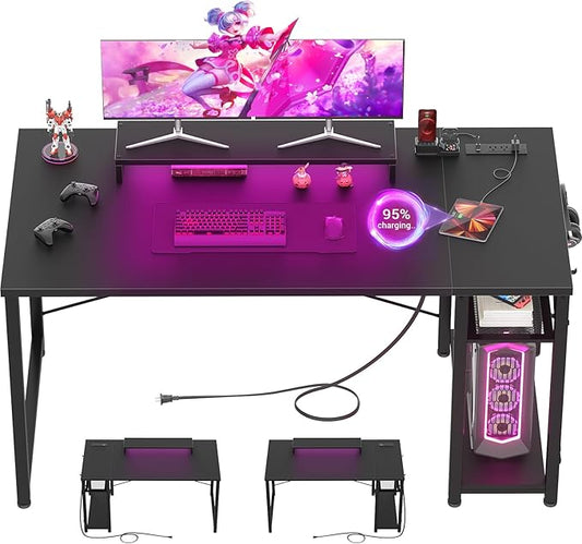 armocity 47 Gaming Computer Desk with LED Lights, Power Outlet and USB, Reversible Laptop Table with Moveable Monitor Stand for Small Spaces, Office, Gaming Room, Black