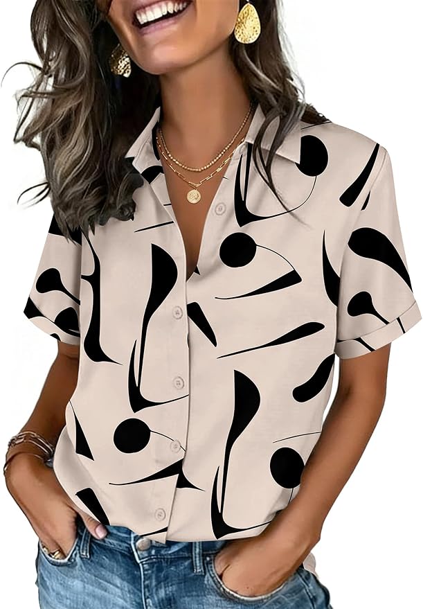 Zeagoo Button Down Shirts for Women Short Sleeve Collared Tops Dressy Casual V Neck Blouses