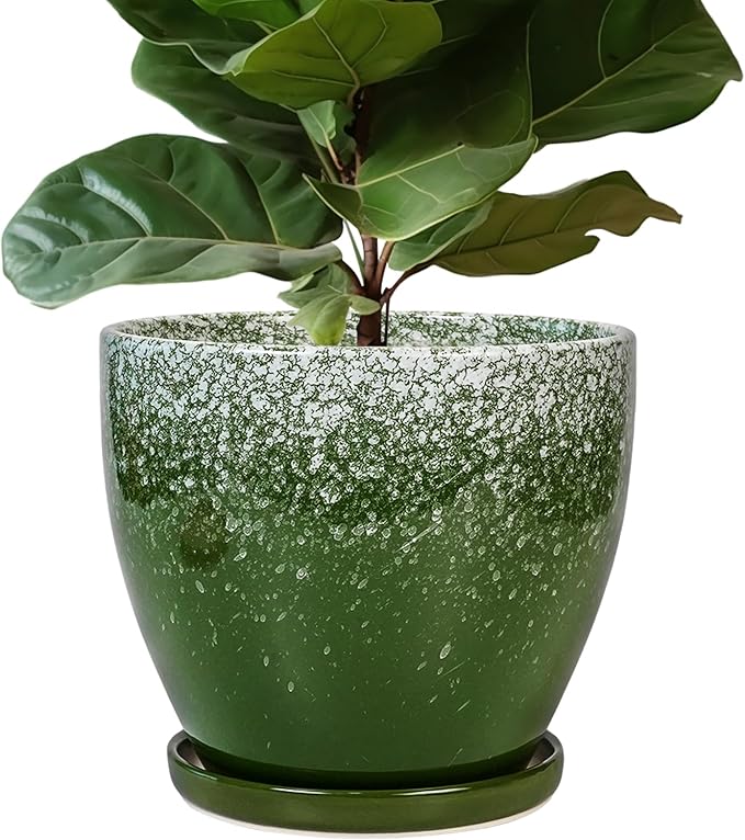 10 Inch Plant Pot - Ceramic Planters for Indoor Plants Outdoor, Large Planter with Drainage Hole and Saucer, Decorative Round Flower Pots, Garden House Decor, Gifts for Plant Lovers, Green