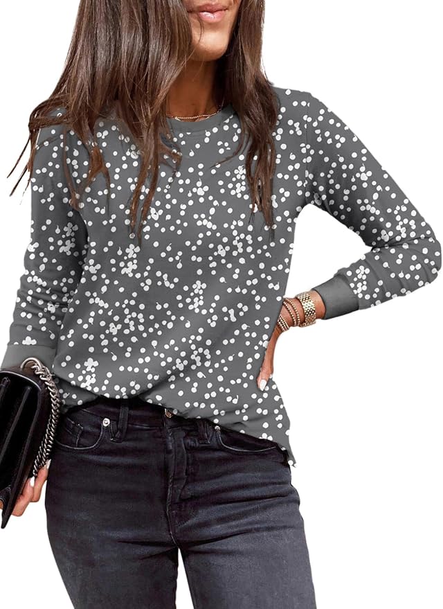 EVALESS Womens Crewneck Long Sleeve Tops Casual Polka Dots Tops Fall 2026 Tshirts Shirts