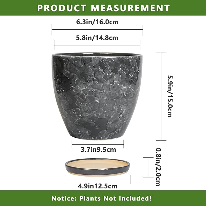 6.3 Inch Plant Pot - Ceramic Planter for Indoor with Drainage Hole and Saucer, Round Succulent Pot, Modern Flower Planters, Home Room Garden Office Decor, Gardening Gifts for Women, Grey