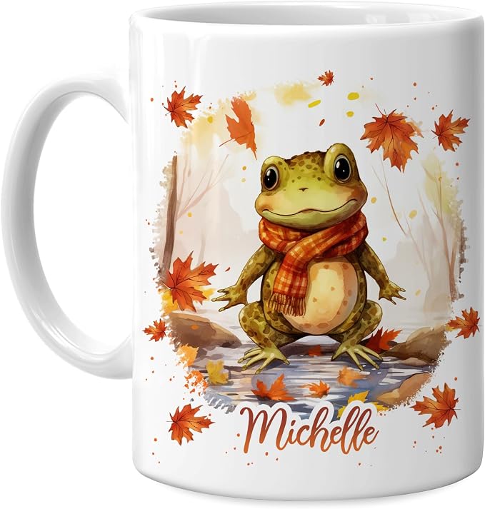 Hyturtle Personalized Fall Frog Maple Leaves Coffee Mug, Fall Autumn Décor | Birthday Gifts For Frog Lovers - Gifts For Farmhouse Thanksgiving - Custom Name 11oz White Ceramic Coffee Tea Mug
