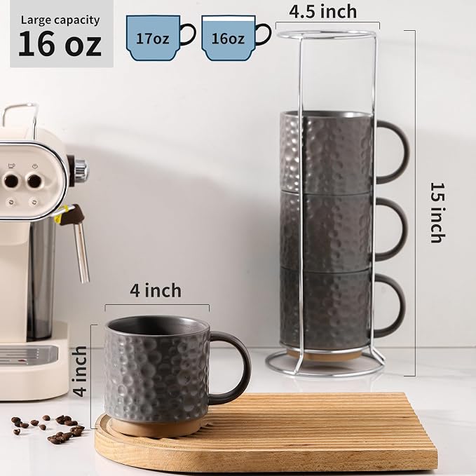 Nihow 16 Oz Ceramic Coffee Mug Set of 4 with Stackable Stand,Matte Gray | Stackable, Stainless Stand Included, Cappuccino & Tea, Hot/Cold Drinks, Dishwasher & Microwave Safe