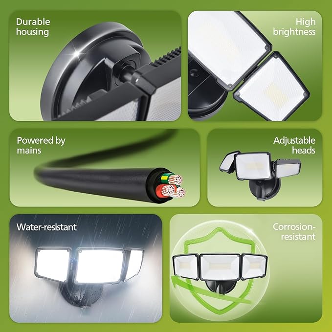 Philips 72W 7400LM LED Flood Lights Outdoor, Switch Controlled Aluminum Security Lights, 3 Adjustable Heads, Wall Mount, 5000K Daylight, Waterproof for Yard, Garage