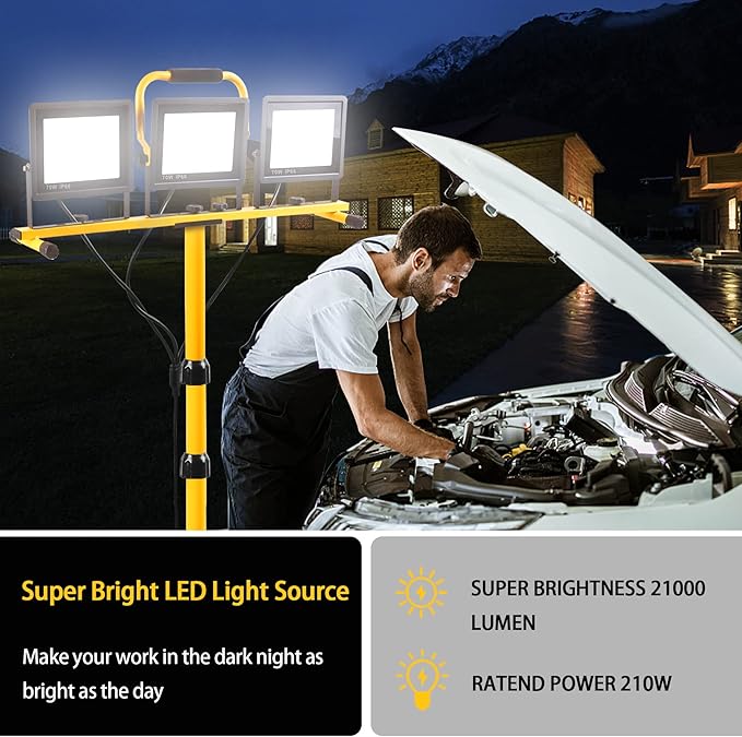 22000 Lumen Work Lights with Stand, 3 Head Portable LED Work Light, with Adjustable&Foldable Tripod Stand, IP66 Waterproof Lamp for Outdoor Indoor Job Site Workshop Garage Construction Site Lighting