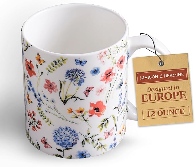 Maison d' Hermine Coffee Mug with Handles Tea Cups (12 Ounce, Pack of 1) | Fine Bone China Coffee Mugs for Hot Beverages Cappuccino Latte Home Restaurant Spring Summer -Just Floral - Blues 'N Redz