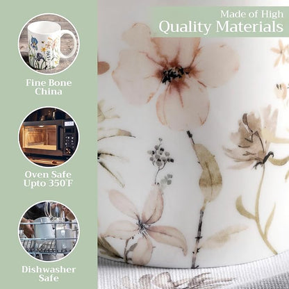 Maison d' Hermine Coffee Mug with Handles Tea Cups (15 Ounce, Pack of 2) | Fine Bone China Coffee Mugs for Hot Beverages Cappuccino Latte Home Restaurant Hotel Spring Summer -Ice Florals