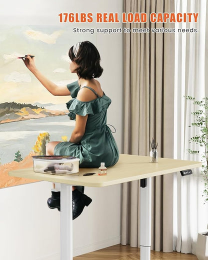 Electric Standing Desk Adjustable Height Stand Up Desk, 48" x 24" Sit Stand Desk, Low Noise Home Office Desk, Computer Desk with Whole-Piece Board, Child Lock & Memory Function, Maple