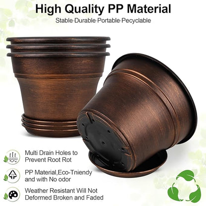 Plant Planters Pots Set of 6 Pack 6 Inch, Plastic Flower Pot For Indoor Plants With Drainage Holes & Trays, Resin Decorative Container Sets With Saucer For House Outdoor Garden Planters Dark Gold