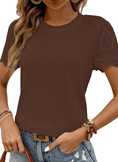 SHEWIN Womens Frenchy Summer Tops Crewneck Short Sleeve T Shirts Casual Waffle Knit Jacquard Blouses Top Shirts