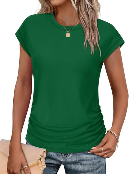 Sampeel Womens Summer Tops Trendy 2026 Ruched Cap Short Sleeve Tshirts Shirts Crew Neck T Shirts Fashion