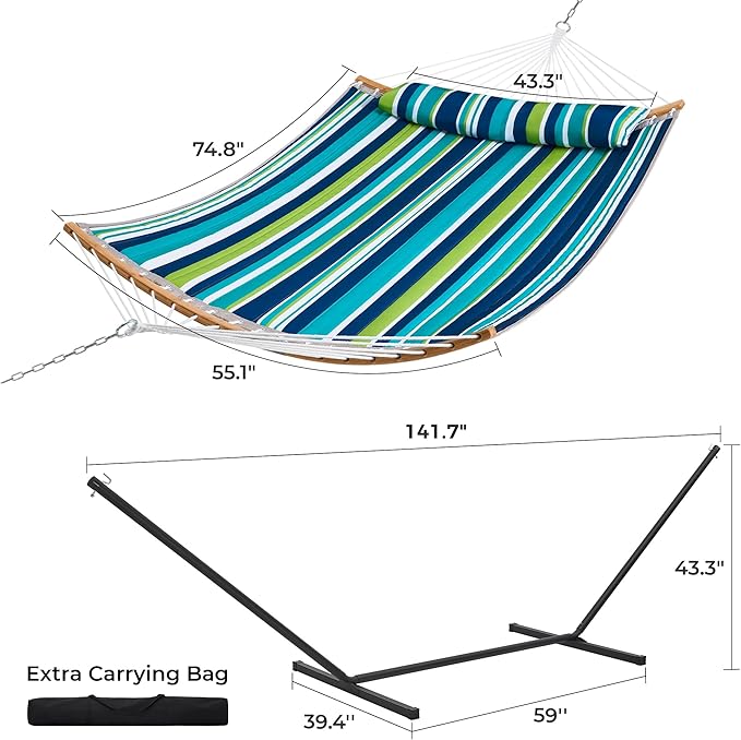 SUPERJARE Hammock with Stand, 2 Person Heavy Duty Hammock with Padded Cotton, Detachable Pillow & Strong Curved-Bar & Portable Carrying Bag, Perfect for Outdoor & Indoor - Dark Cyan