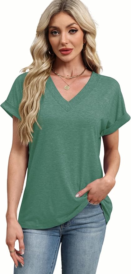 T Shirts Short Sleeve V Neck Tees Womens Tops Beach Vacation Fashion Clothes 2026 Casual Summer Spring Fall Outfits