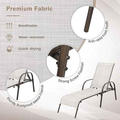 Giantex Set of 2 Patio Lounge Chair, Outdoor Chaise Lounge with 5 Adjustable Backrest, Sturdy Steel Frame, Sunbathing Recliner, Beach Chair, Tanning Chair for Outside, Yard, Balcony, Pool Chairs, Grey