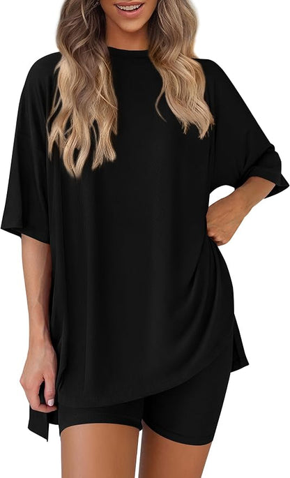 PRETTYGARDEN Women 2 Piece Lounge Set 2026 Summer Casual Oversized Shirts Biker Shorts Matching Airport Travel Outfit Clothes