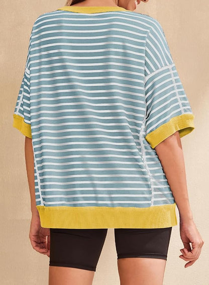 SHEWIN Womens Tops Casual Short Sleeve Sweatshirt Crewneck Striped Shirt Pullover T Shirts Loose Blouses