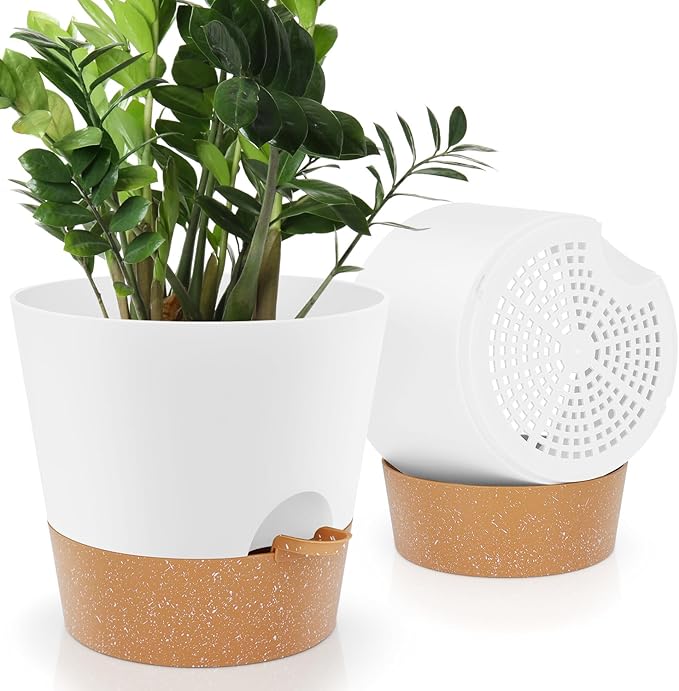 10 inch Plant Pots, Self-Watering Planters with Drainage Holes & Saucers for Indoor and Outdoor Plants (2-Pack,White
