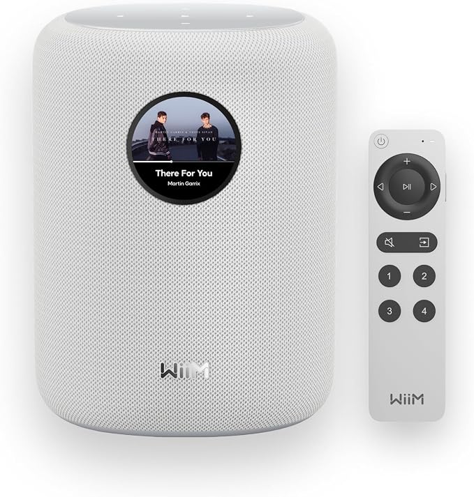 WiiM Sound Smart Speaker with 1.8″ Touch Display, Hi‑Res 24‑bit/192 kHz, AI RoomFit™ Room Correction, 100W Peak, Wi‑Fi 6E/Bluetooth 5.3, Multi‑Room & Stereo Pairing, Remote Included, White