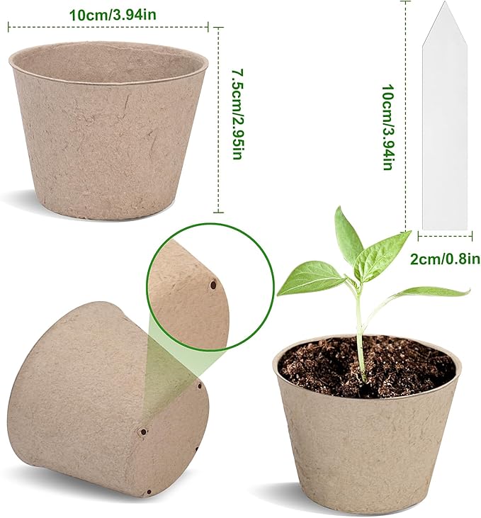 Peat Pots, 60 Pack Plant Starter Round Nursery Pot with Drainage Holes, Garden Germination Seedling Pots with 30 Plant Labels (4 Inch)