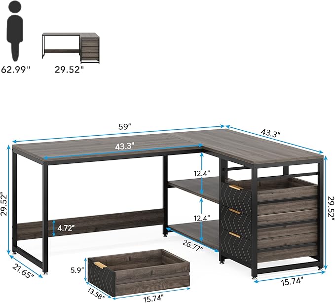 59-Inch L Shaped Desk with Drawers, Large Computer Desk with Storage Shelves, Reversible L-Shaped Corner Desk Workstation for Home Office
