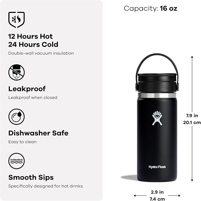 Hydro Flask Flex Sip Coffee Tumbler – Insulated Stainless Steel, Non Spill, Leak Proof Travel Coffee Cup 16 Oz Surf Blue