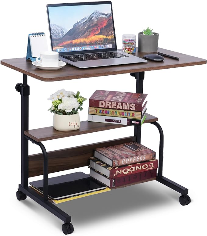 Portable Desk Small Desks for Small Spaces Laptop Table Brown Rolling Adjustable Desk on Wheels Mobile Couch Desk for Bedroom Home Office Computer Standing Desk Student Desk with Storage 32x16 Inch