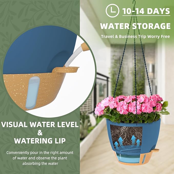 ZMTECH 12 Inch Hanging Planters for Indoor Plants & Outdoor, Self-Watering Hanging Pots with Drainage Holes, Visual Reservoir, Plastic Hanging Baskets for Outdoor Garden Home Decor, Blue