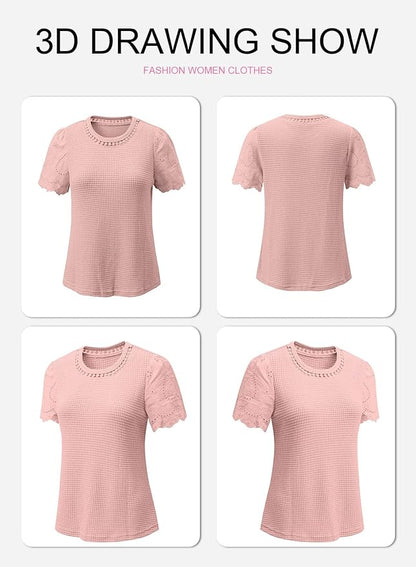 SHEWIN Womens Frenchy Summer Tops Crewneck Short Sleeve T Shirts Casual Waffle Knit Jacquard Blouses Top Shirts