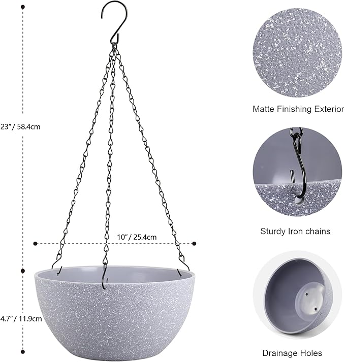 10 inch Hanging Planters for Indoor Outdoor Plants, 2 Pack Hanging Flower Pots with Drainage Holes and Chain for Garden Porch, Plastic Hanging Baskets for House Plants, Speckled Grey