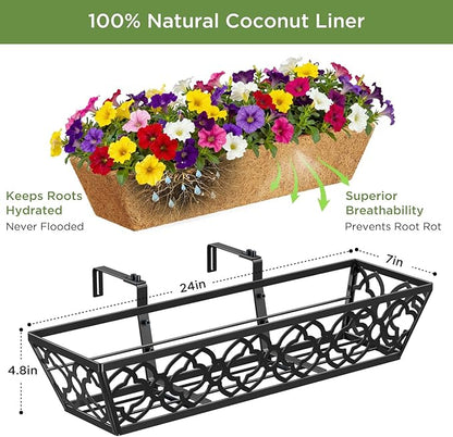 Y&M 24in Window Planter Box 4Pcs Iron Railing Planter with Coco Liner for Outdoor Balcony Rail, Fence, Porch, Patio