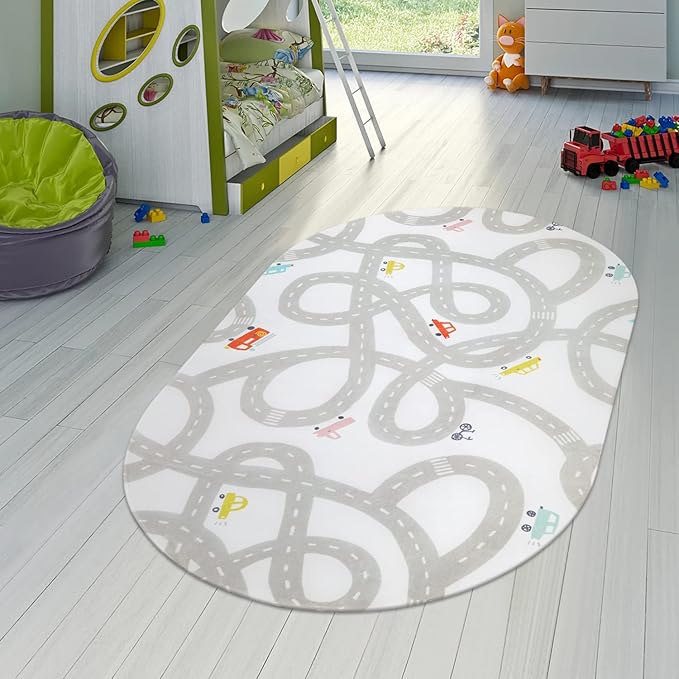 Road Traffic Kids Rug Children Playing with Cars Playmat 3x5 Ft, Washable Play Carpet for Kids Playroom, Non-Slip Have Fun Safe Baby Nursery Rug for Toddler Boy's Bedroom Game Room Grey