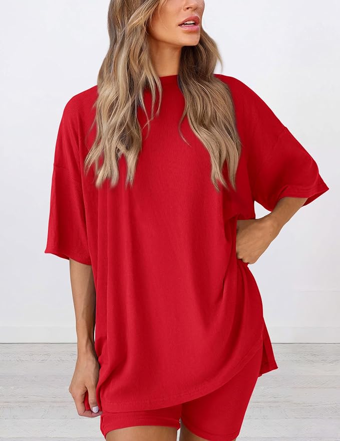 PRETTYGARDEN Women 2 Piece Lounge Set 2026 Summer Casual Oversized Shirts Biker Shorts Matching Airport Travel Outfit Clothes