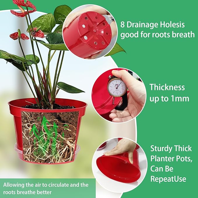 8 inch Plastic Flower Pots, Red Plant Pots 12Pack with Saucers for Indoor House Plants Growing and Decoration