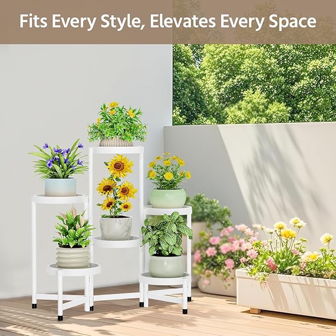 LASZOLA 6 Tiered Folding Plant Stand Indoor for Multiple Large Planter, Tall Heavy Duty Adjustable Rack with Rust Proof Plastic Shelving, Sturdy Vertical Tree Organizer for Narrow Inside Floor, White