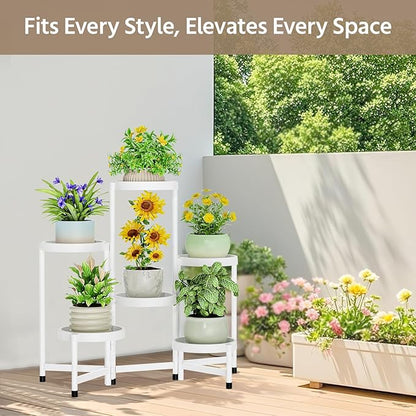 LASZOLA 6 Tiered Folding Plant Stand Indoor for Multiple Large Planter, Tall Heavy Duty Adjustable Rack with Rust Proof Plastic Shelving, Sturdy Vertical Tree Organizer for Narrow Inside Floor, White
