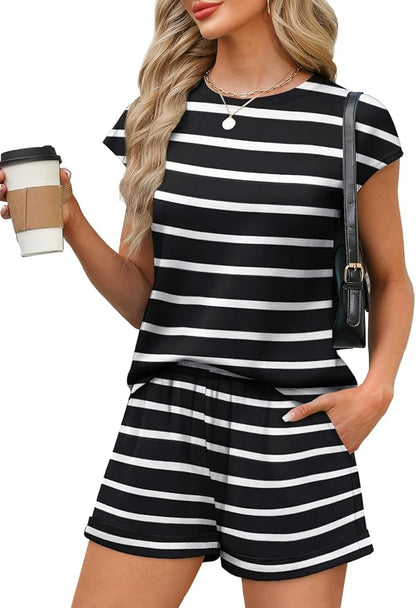 WIHOLL 2 Piece Sets for Women Casual Summer Travel Vacation Outfits Cap Sleeve Shorts Lounge Set