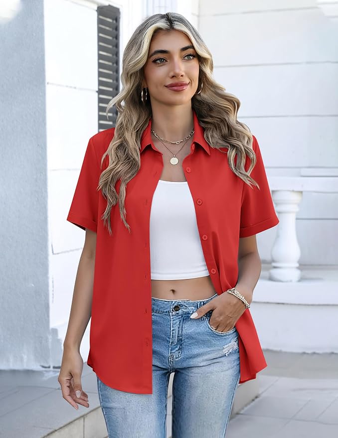 Zeagoo Button Down Shirts for Women Short Sleeve Collared Tops Dressy Casual V Neck Blouses
