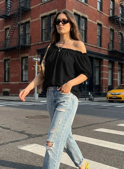 EVALESS Womens Tops Off The Shoulder Blouses for Women Dressy Casual Cute Puff Sleeve T Shirts Fashion 2026