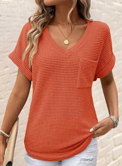 Dokotoo Womens Waffle Knit Tops 2026 Spring Summer V Neck Shirts Casual Trendy Women's Blouses Basic Tee