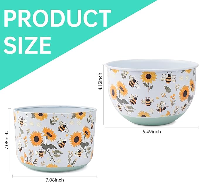 Butterfly & Bee Metal Planters Set of 2 – Decorative Flower Pots with Colorful Garden Prints, Outdoor & Indoor Use Cute Spring Floral Design for Patio, Balcony, Home Decor (Bee)