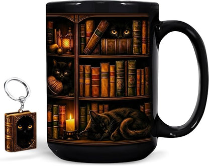 Hyturtle Black Cat Bookshelf Coffee Mug 15 Oz, Book Lover Gift for Women | Includes Matching Mini-Book Keychain; Cozy Literary Ceramic For Readers, Librarians And Bookworms On Birthdays Or Christmas
