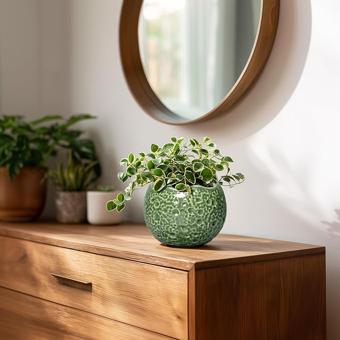 Ceramic Plant Pots - 4 inch Plant Pot with Drainage Hole, Small Pots for Plants Indoor Outdoor, Unique Round Planter, Modern Decorative Flower Pot, Room Decor, House Warming Gifts, Green