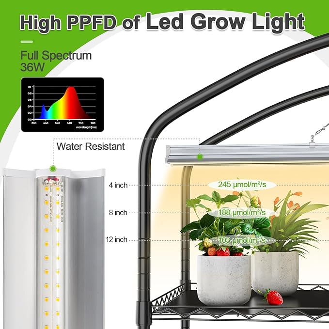 Abimars 5-Tier Greenhouse with Grow Light, Shelf Height Adjustable Metal Plant Shelf with PVC Cover and Wheels, Includes 5-Pack 2900K Full Spectrum Plant Lights, 13x29x73inch