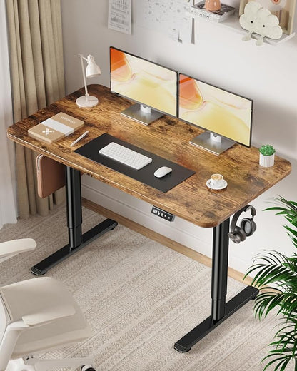 Electric Standing Desk Adjustable Height Stand Up Desk, 48" x 24" Sit Stand Desk, Low Noise Home Office Desk, Computer Desk with Whole-Piece Board, Child Lock & Memory Function, Rustic Brown