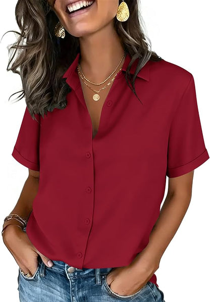 Zeagoo Button Down Shirts for Women Short Sleeve Collared Tops Dressy Casual V Neck Blouses