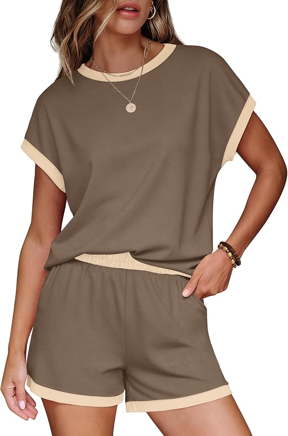 WIHOLL Two Piece Sets for Women Summer Lounge Short Sets Cap Sleeve Crew Neck Sweatsuit with Pocket XS-2XL
