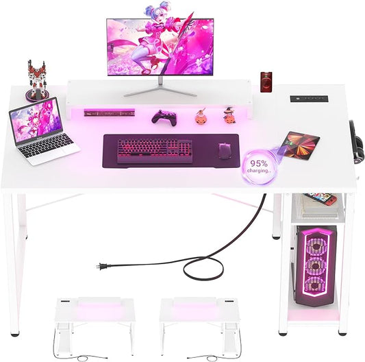 armocity Computer Desk with LED Lights, Gaming Desk with Power Outlet and USB, 40 Reversible Laptop Table with Moveable Monitor Stand, Small Desk for Small Spaces, Office, Gaming Room, White