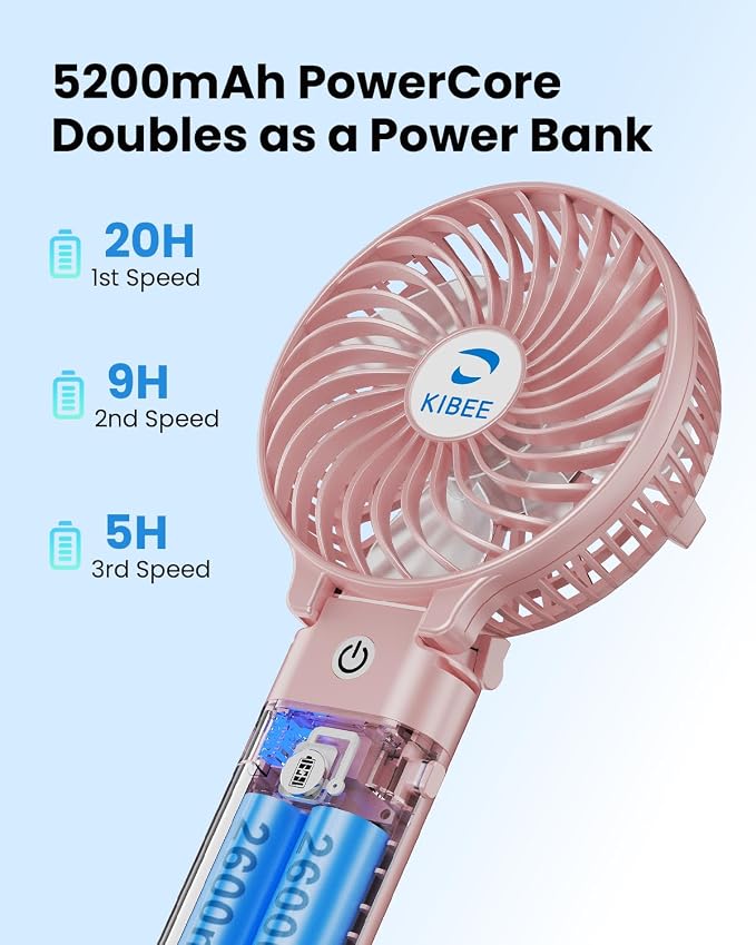 KIBEE 5200mAh Portable Handheld Fan, 20H Max Runtime USB Rechargeable Foldable 180° Mini Personal Fan, 3 Speeds Quiet Cooling Fan with Stand & Power Bank, Travel Outdoor Makeup Concerts (Pink)