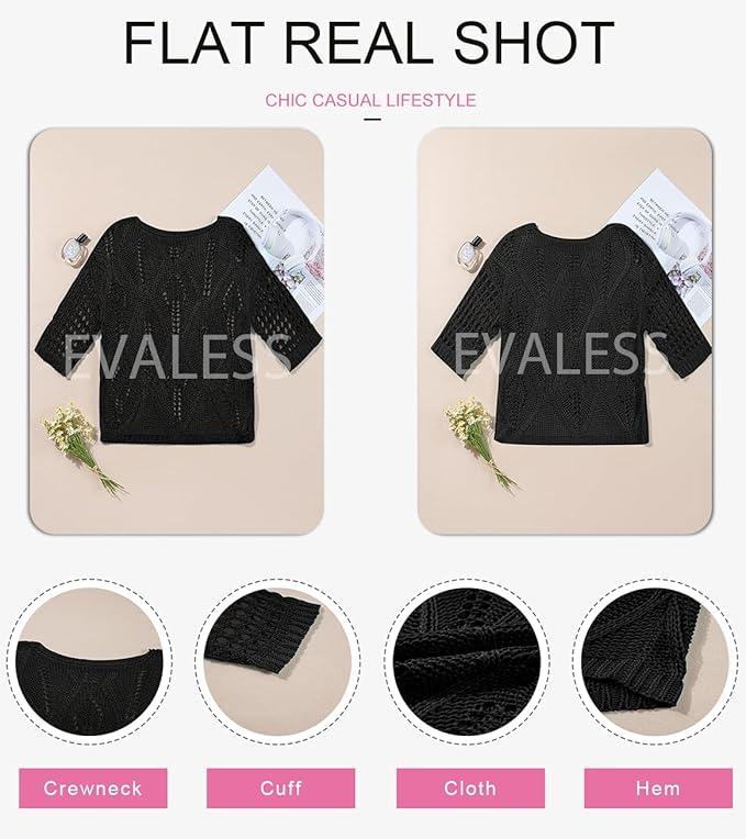 EVALESS Womens Crochet Hollow Out Knit Tops Half Sleeve Spring Summer Sweaters Beach Cover Ups for Women Trendy 2026